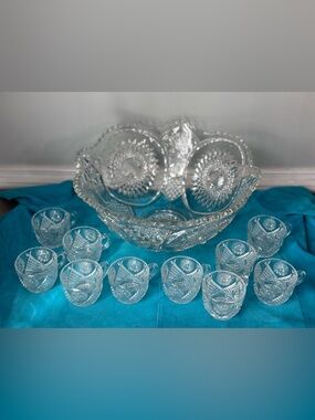 Homestead Clear Punch Bowl & 10 Punch Cups By Duncan & Miller